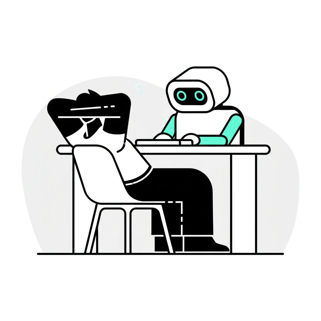A person relaxing while a simple, friendly robot works at a desk, representing effortless automation.